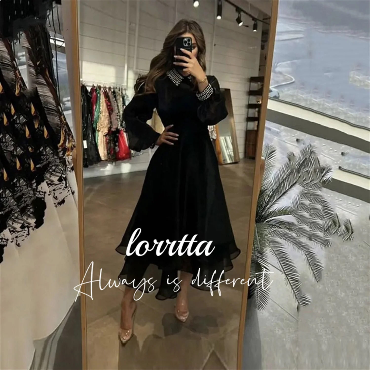 

Lorrtta Black Long Sleeve Evening Gown Beaded O Neck Saudi Arabia Women's Tea Length Formal Occasion Party Dress Prom Dress