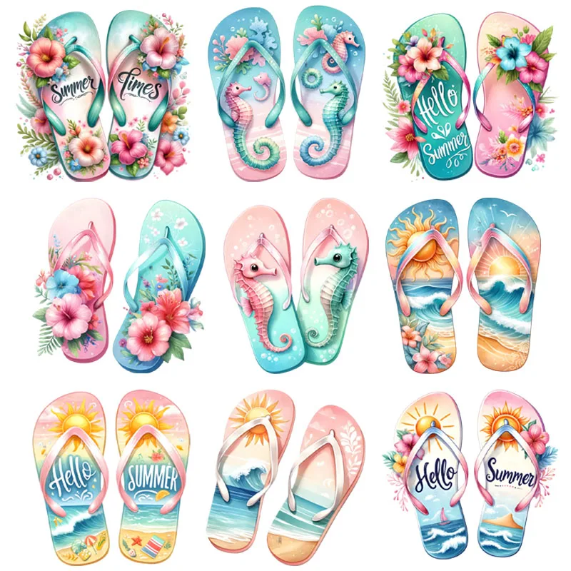 Hawaiian flower slippers in summer DIY Iron-On Heat Transfer Sticker Decals T-shirts Sweatshirts Bag Clothing Fabric Party Decor
