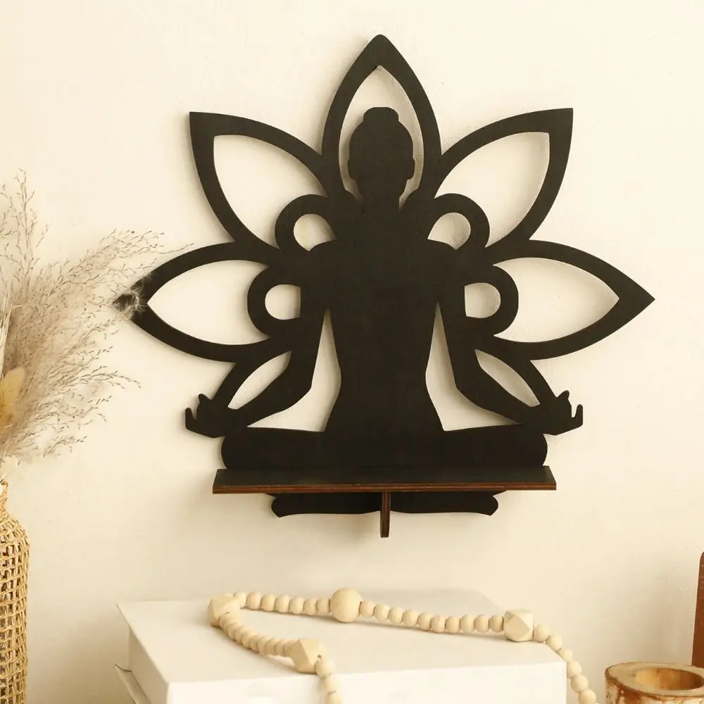 Wall Art Lotus Buddha Display Shelf Handmade Black Hollow Buddha Display Stand Wooden Craft Crystal Storage Holder Room Decor