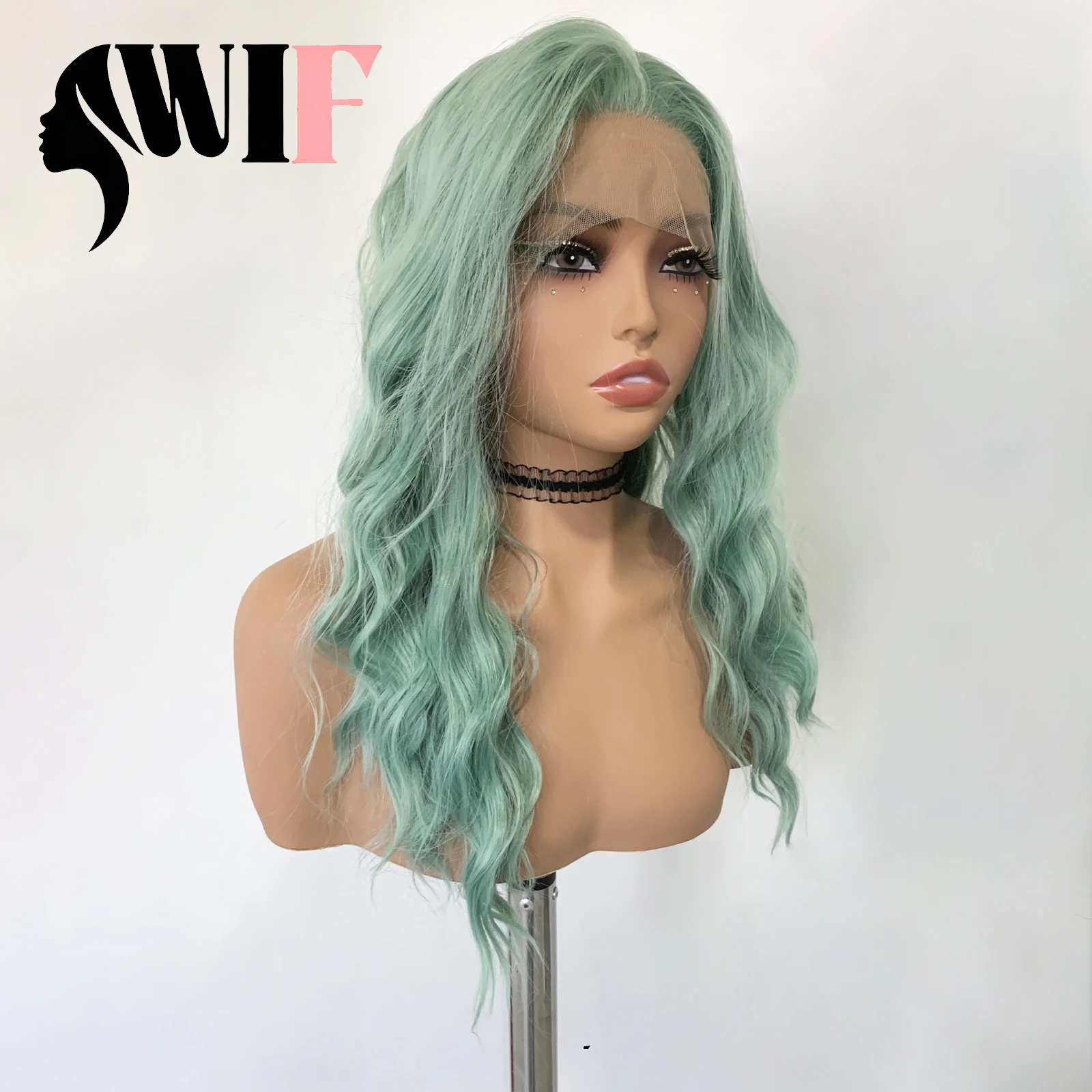 WIF Mint Green Short Body Wave 13x4 Lace Front Synthetic Wig Natural Hairline Heat Resistant Fiber for Women Daily Cosplay Use