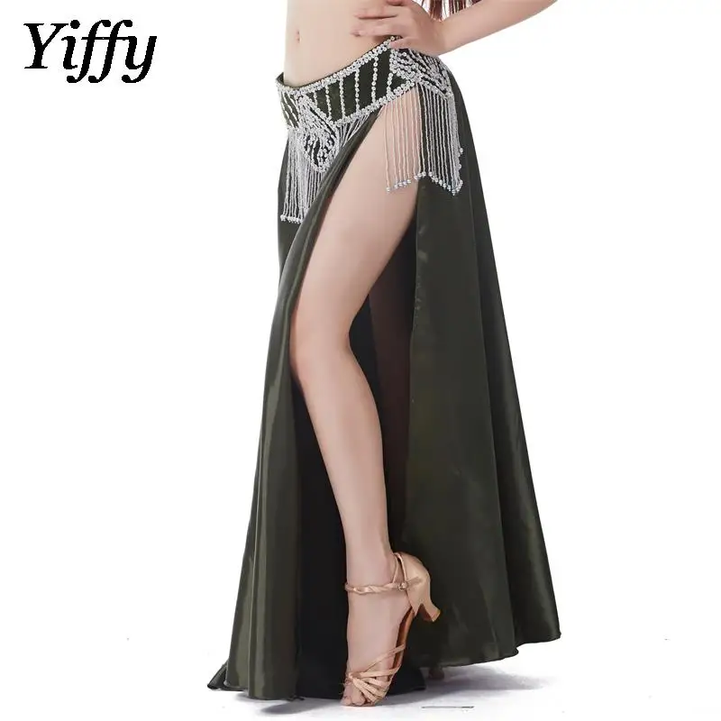 New Pattern Belly Dance Big Swing Skirt Lady Shiny Double Split Sexy Long Skirt Adult Stage Performance Goddess Attire