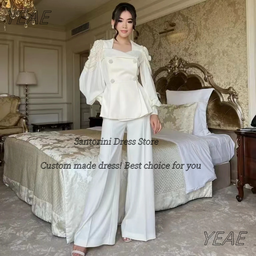 

Blueribbon Saudi Women Wear Pant Suits for Evening Party Two Pieces Prom Dresses Beading Long Sleeves Special Banquet Gowns