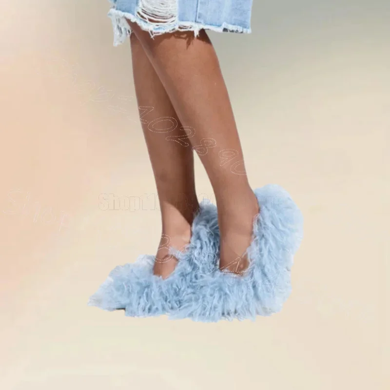 Sky Blue Feather Shallow Pointed Toe Pumps Slip On Women Shoes Thin High Heels Fashion Party Banquet 2025 Zapatos Para Mujere