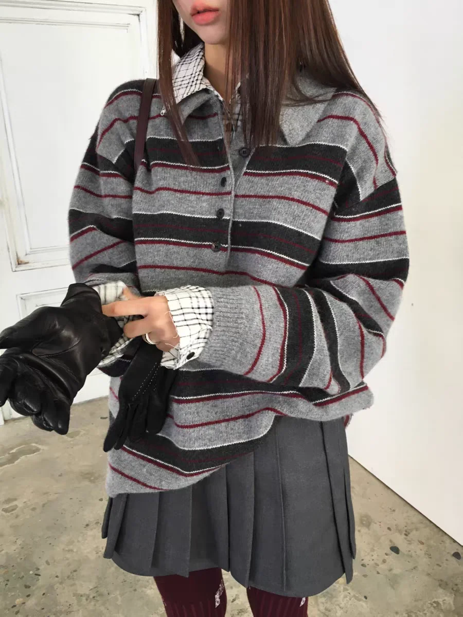 Retro Korean Style Striped Loose Fit Long Sleeve Knitwear Casual Comfortable Warm Collared Sweater for Women Spring Autumn Wi...