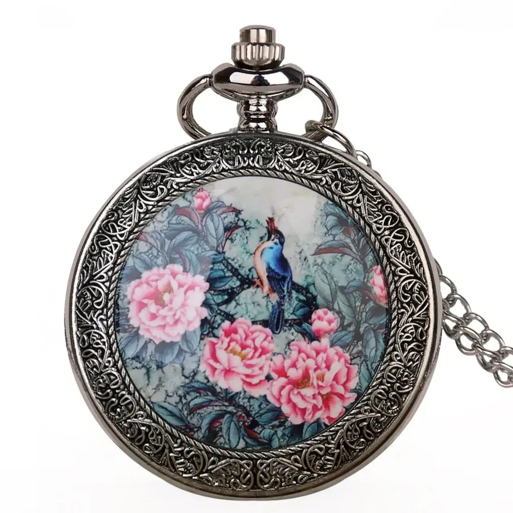Vintage Silver Quartz Pocket Watch Vivid Bird on The Tree with Exquisite Flowers Patterns Women Necklace Pendant Pocket Watches