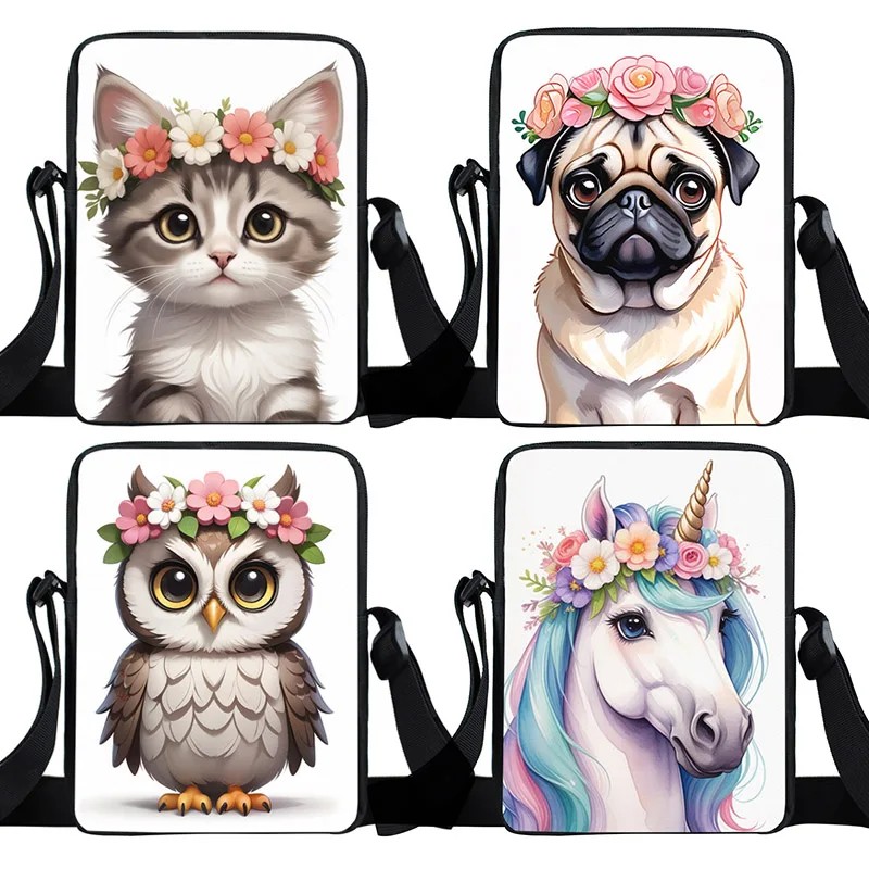 Flower Crown Cat Print Crossbody Bag Watercolor Bear Wolf Unicorn Floral Shoulder Bags Women Handbag Casual Storage Bag Clutch