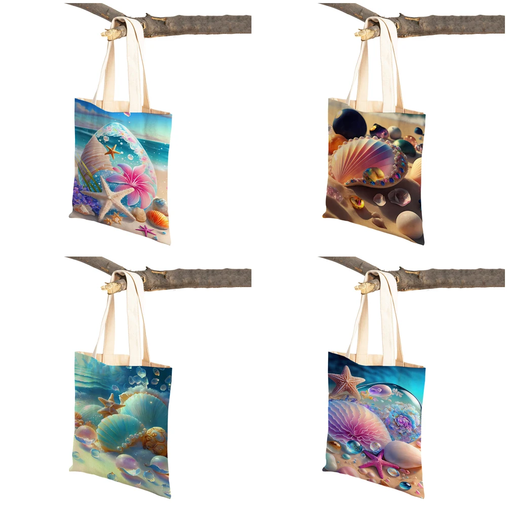 Fantasy Shell Seaside Scenery Ocean Animal Women Shopping Shoulder Bags Both Sided Canvas Cloth Lady Travel Tote Shopper Bag