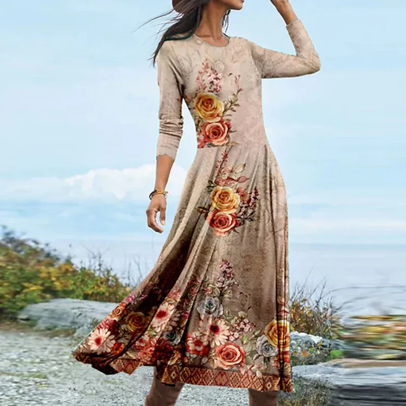 Elegant Bohemian Beach Dress Vintage Floral Print Pleated A-line Dress Casual Chic Long Sleeve Round Neck Women Party Long Dress