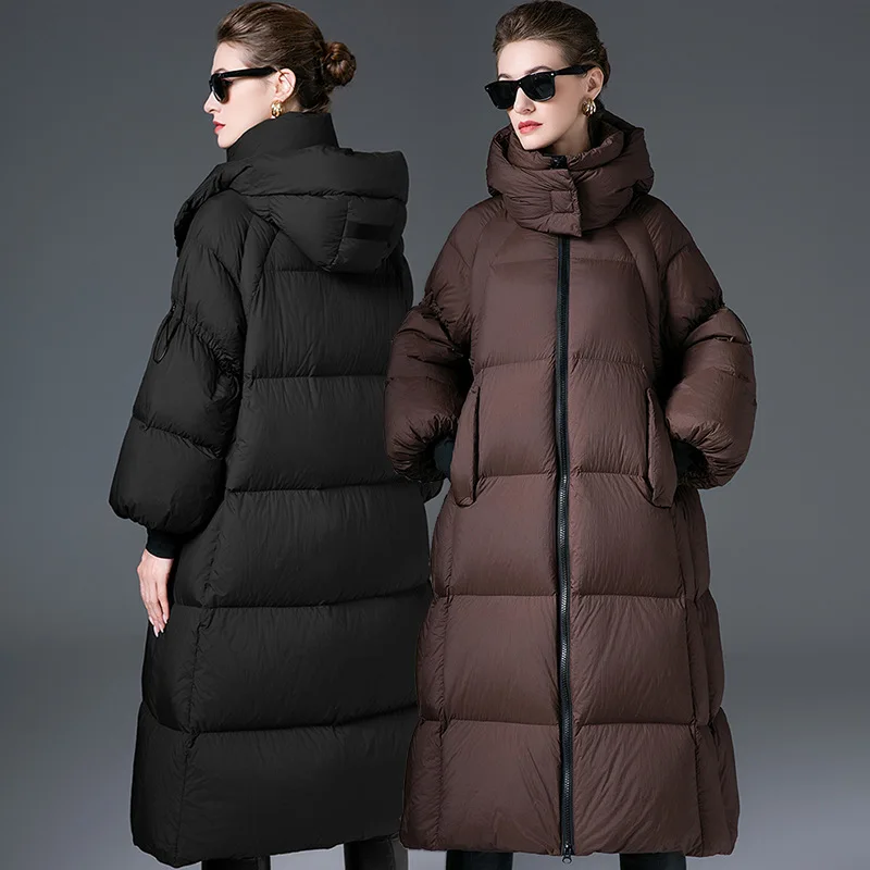 Luxury High Quality Winter Down Jacket Women A-line White Duck Down Puffer Jacket Thicken Long Coat Hooded Windproof Trench Coat
