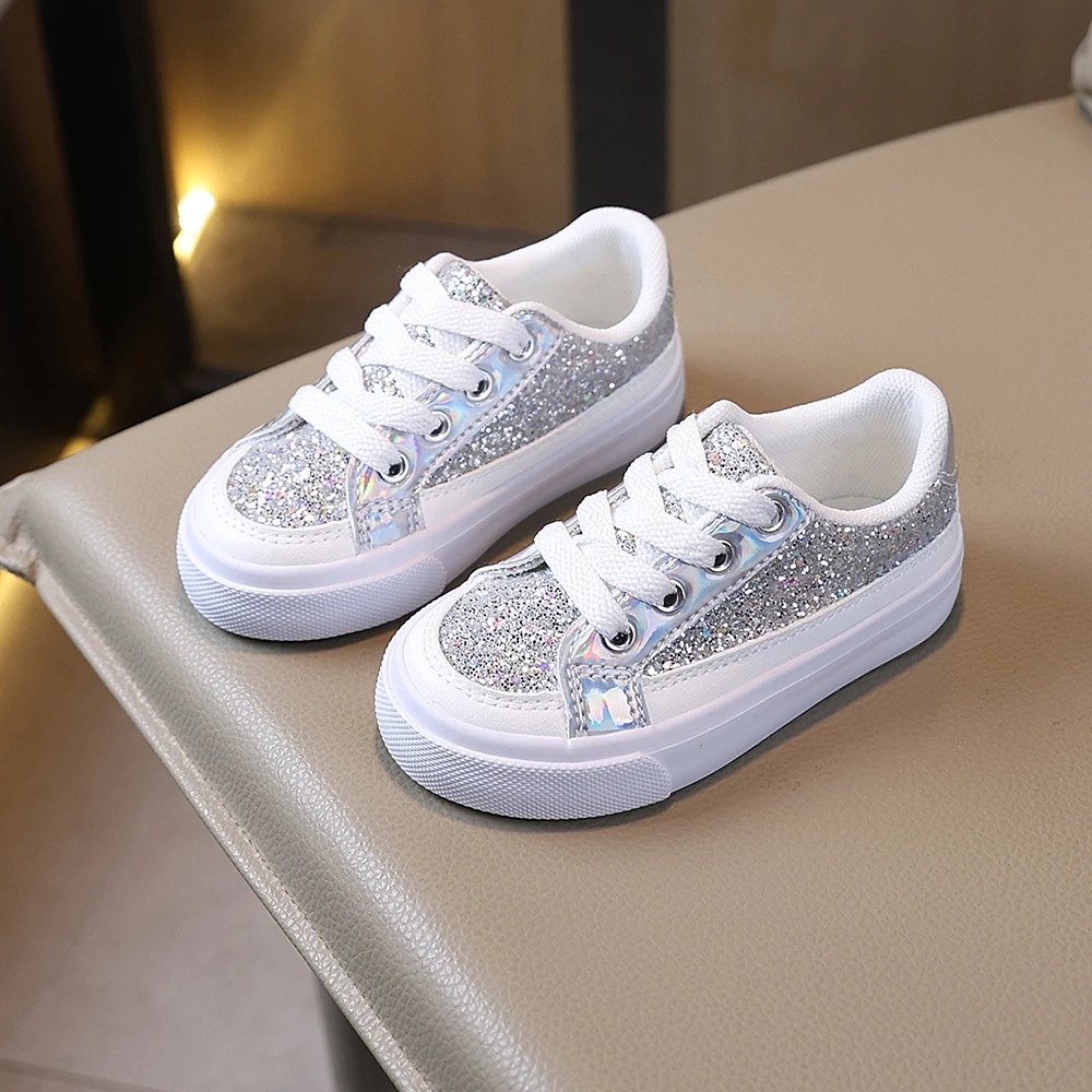 COMFY KIDS Kids 3-12 Years Silver Glitter Laser Low Top Shoes Lace-Up Soft Sole All-Season Wear Party Outfits Casual Shoes