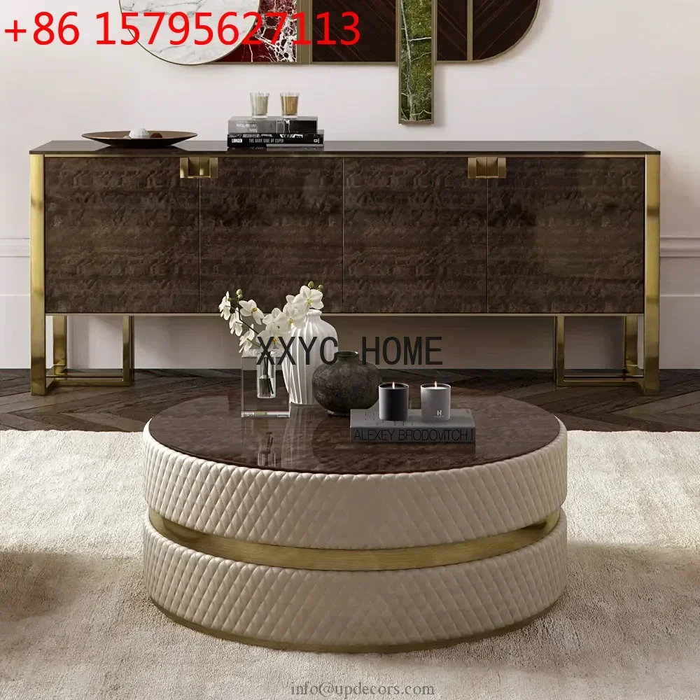 

Italian Quilted Leather Veneered Round Coffee Table Tea Table Furniture