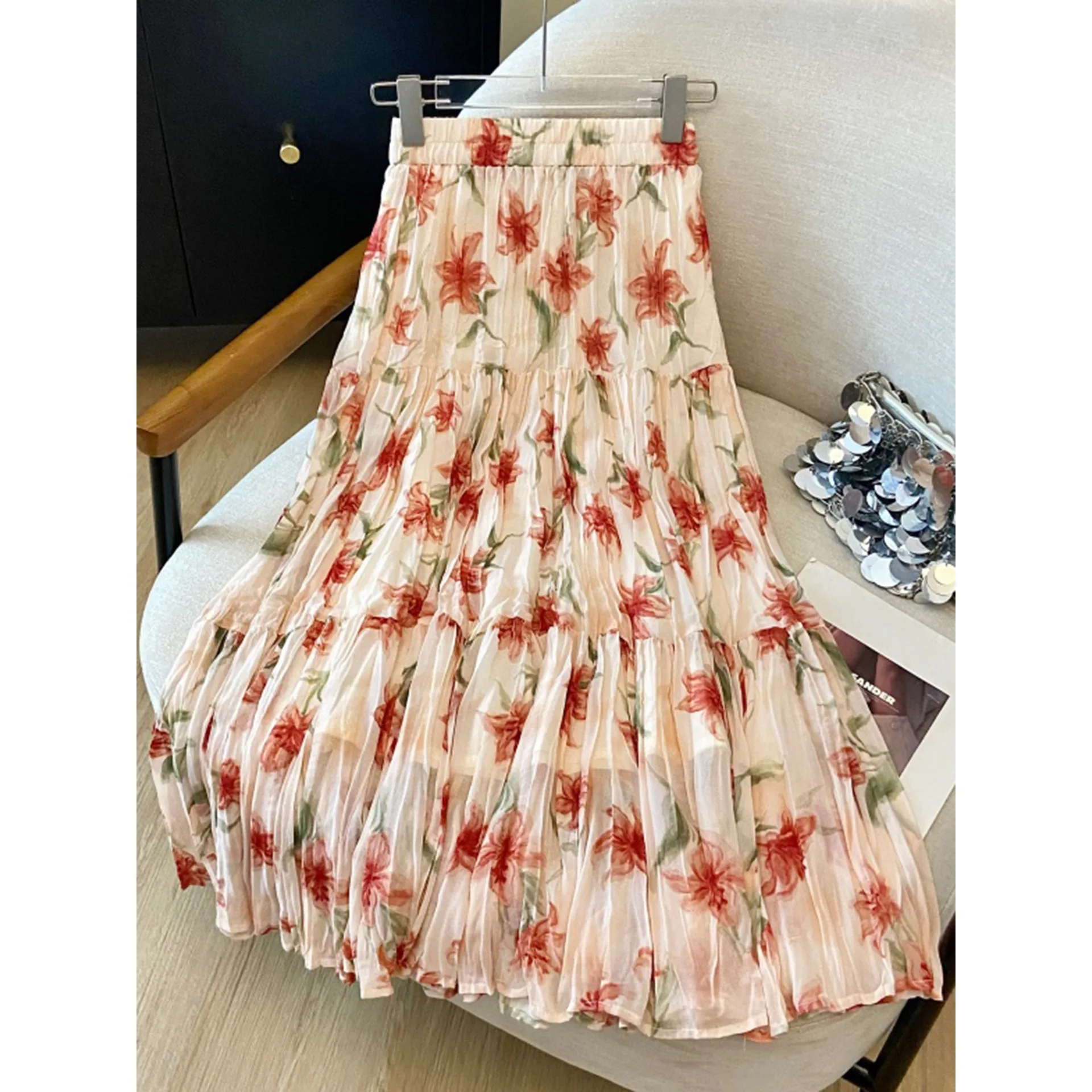 French New Peach Floral Print Tiered Pleated Midi Skirt High-waist Flowy Chiffon Skirt For Women Country Garden Vacation Outfits