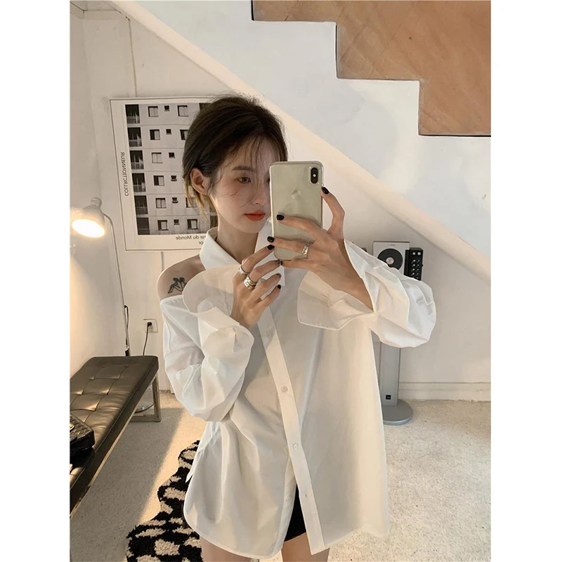 Y2K White Shirts Women Streetwear Sexy Halter Hollow Out Long Sleeve Blouse Korean Office Lady Elegant Off Shoulder Casual Tops