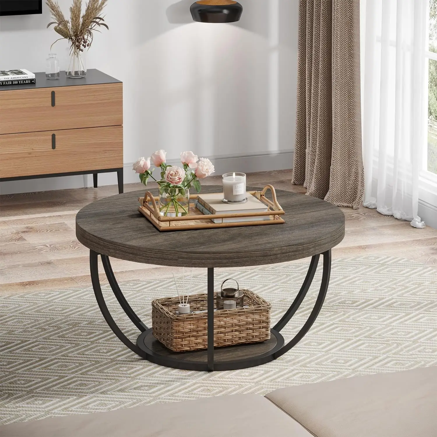 Round Coffee Table, Industrial Circle Coffee Table with Storage Shelves, Modern Wooden Accent Center Table for Living Room