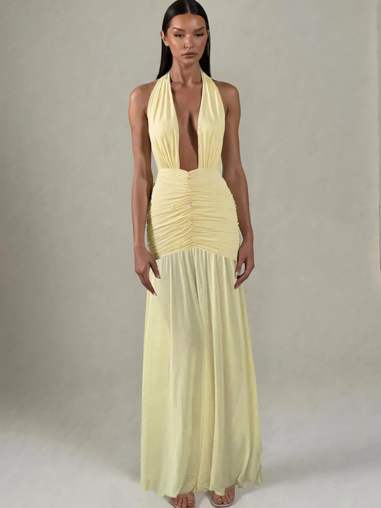 Arctic Cat เซ็กซี่ตาข่าย Patchwork ลึก V คอ Halter ชุดผู้หญิงแขนกุด Backless Bodycon Party Club ชุดราตรีวันหยุด