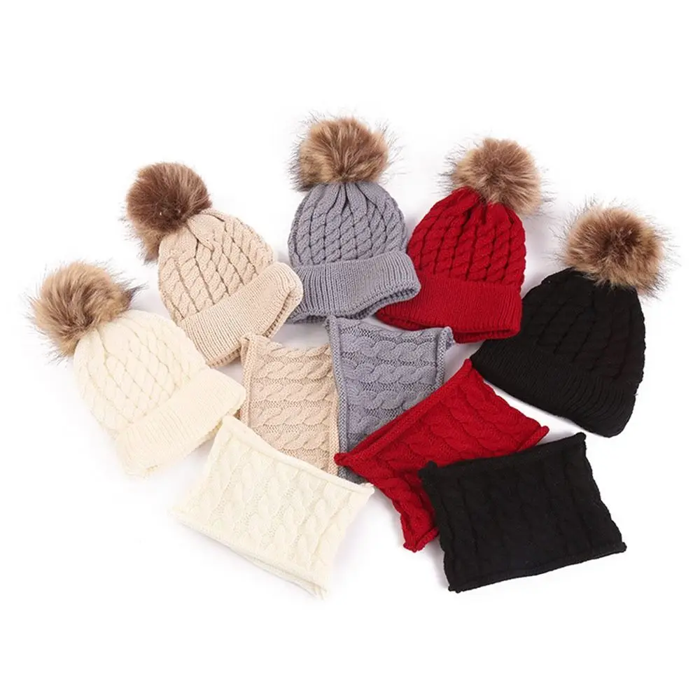 2Pcs/Set Winter Ear Protection Children Hat Scarf Set Thickened Windproof Beanie Caps Soft Warm Knitted Scarf Cap Boys Girls