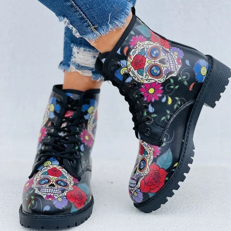 Digital Print Autumn Lady High Top Skull Pattern Boot 2022 British PU Women\'s Fashion Tooling Boots Outfdoor Woman Ankle Booties