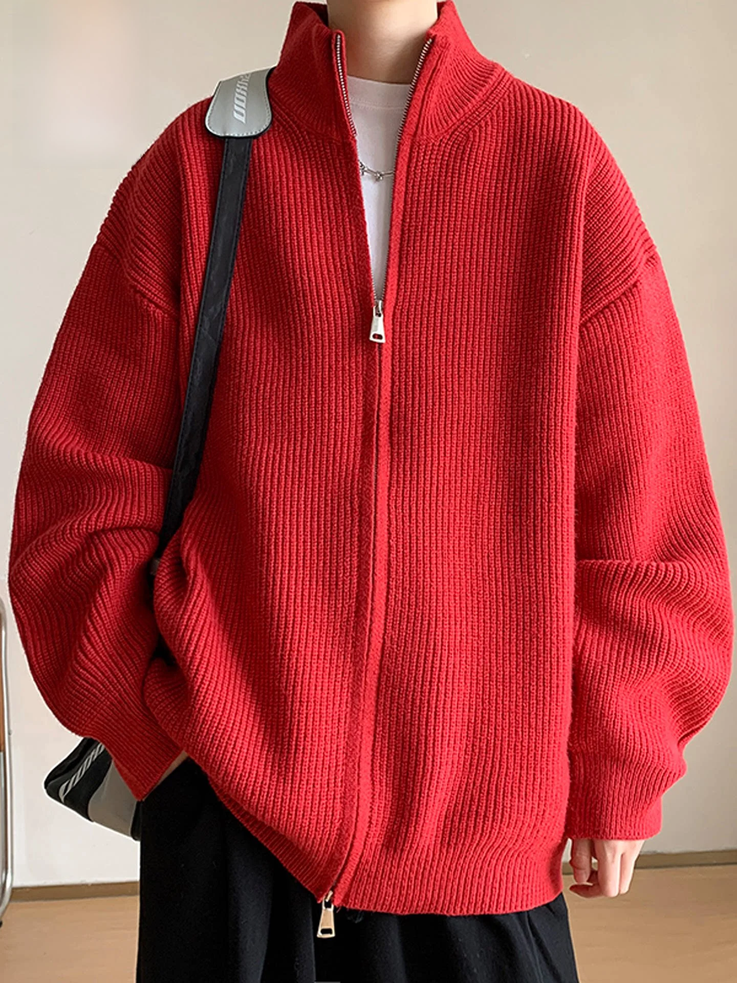 

Nainiu Red Zipper Knitted Sweater Men's Autumn Winter Loose Lazy Style Stand Collar Sweater Coat Chinese Zodiac New Year Red