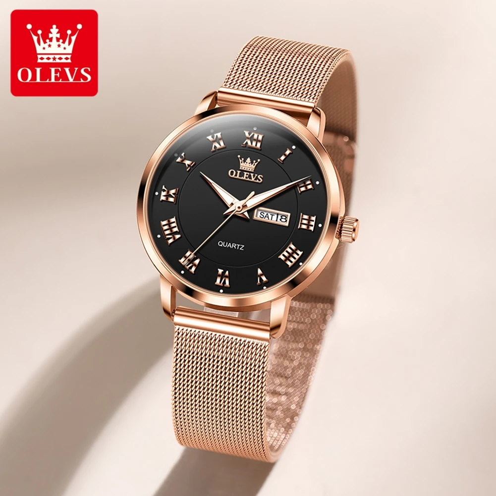 OLEVS 2920 Woman Watch Elegant Original Quartz Wristwatch Mesh Belt Waterproof Luminous Day Date Watches For Woman Bracelet Set