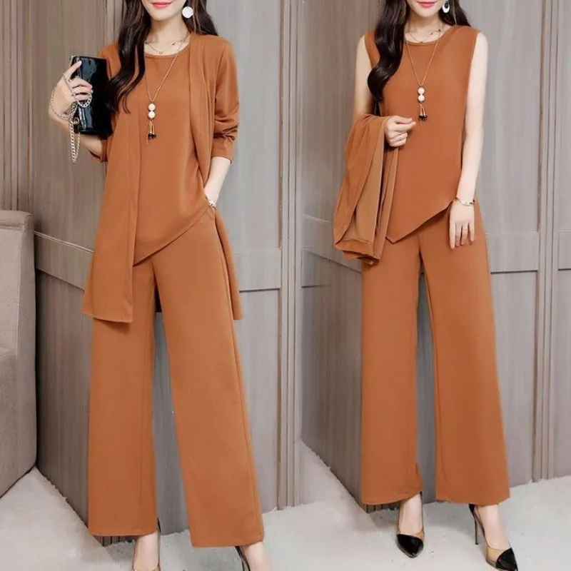 Women\'s Solid Color Round Neck Long Sleeved Two-piece Tops Spring Autumn New Fashion High Waisted Wide Leg Pants Three-piece Set