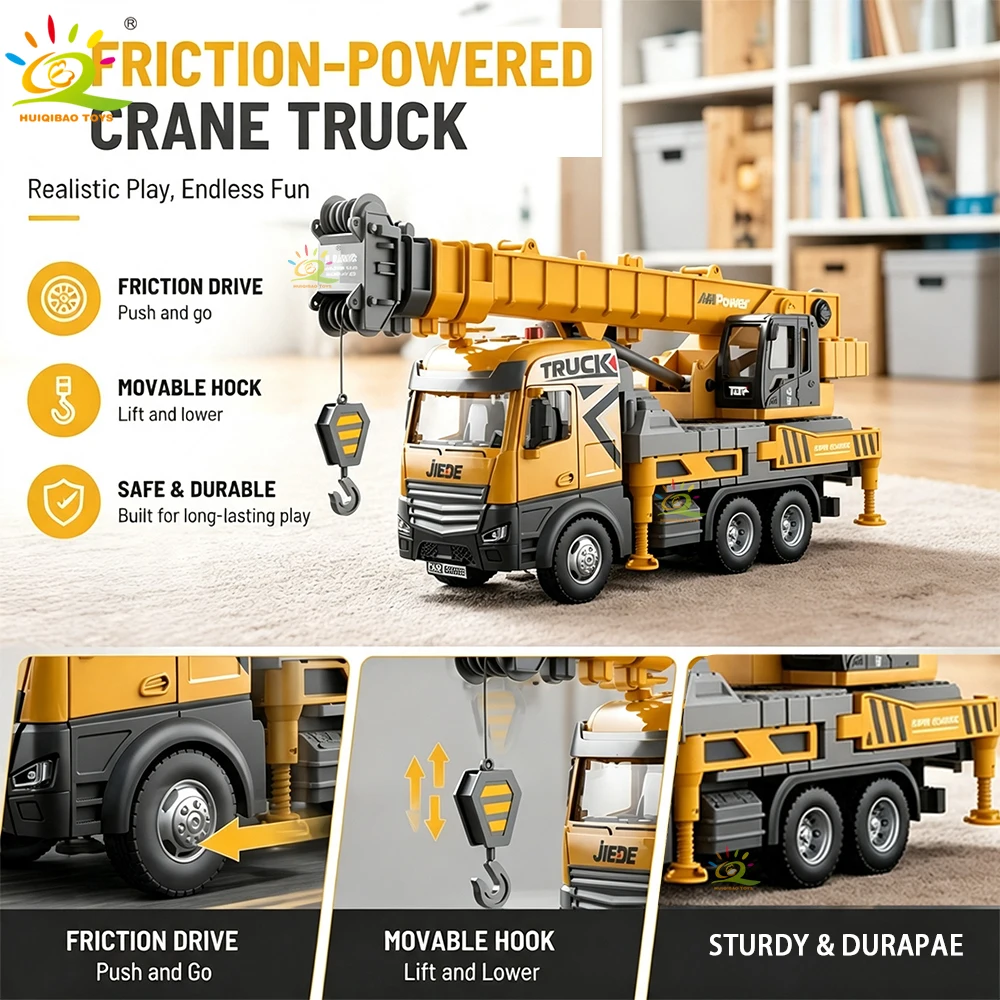 Inertia-Powered Crane Toy, Construction Vehicle with Lifting Hook, Truck with Movable Lifting Hook, Gift for Boys