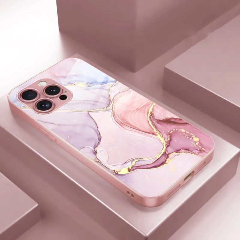 

Creative Marble Pattern Pink Metallic Paint Glass Hard Phone Case For iPhone 17 16 15 14 13 12 11 Pro Max Plus 16E 17Air Cover