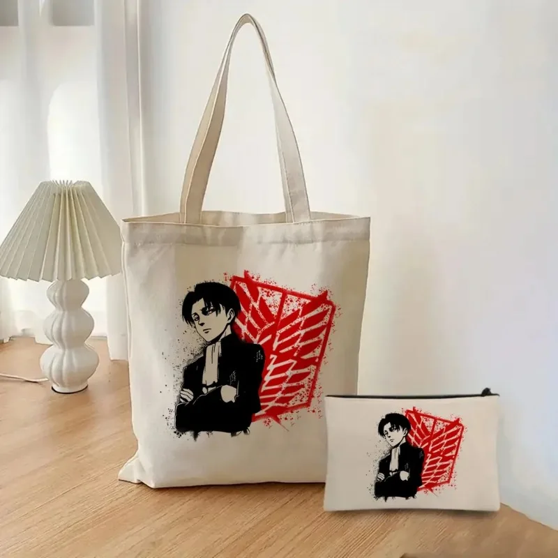 2pcs/set Attack on Titan Fashion Ladies Handbag Cosmetic Bag Canvas Shoulder Bag Eco-friendly Large Capacity Travel Shopping Bag