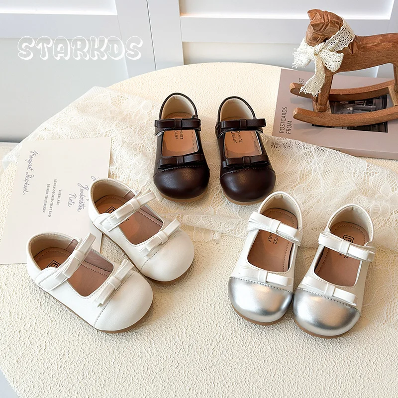 Leder-Bowknot-Mary-Jane-Schuhe für Kinder, Mädchen, niedliche Schleifen, Ballett, flach, für Babys, runde Zehen, weiche Sohle, solide, weiß, braun, Schule, Zapatos
