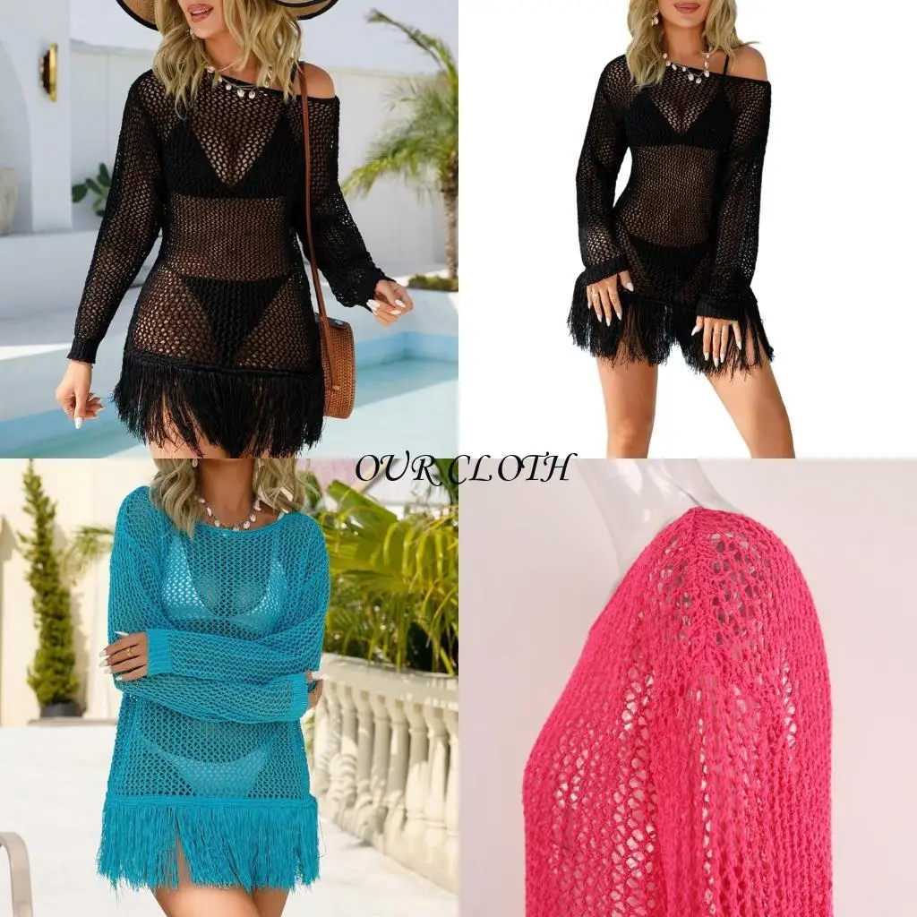

Валочный валочный пуловер Brearhable Beachable Top Top Top Out Out Tassels Acele Elegant большой круглый вырез y1ac