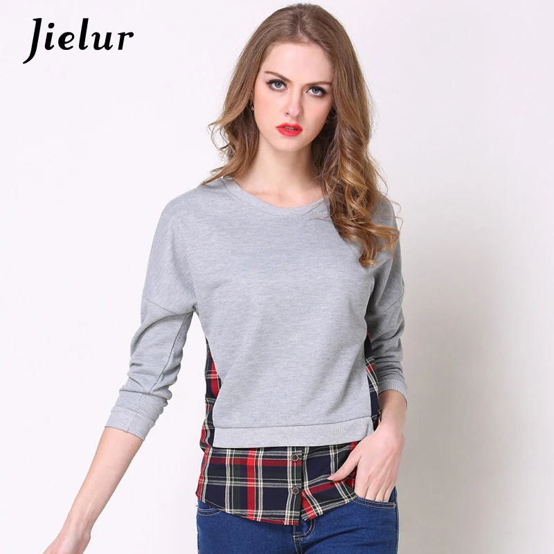 Jielur Spring Autumn Hoodies for Women Gray Plaid Patchwork Fake 2 Pieces Top Female Leisure Sweatshirt S-5XL Size