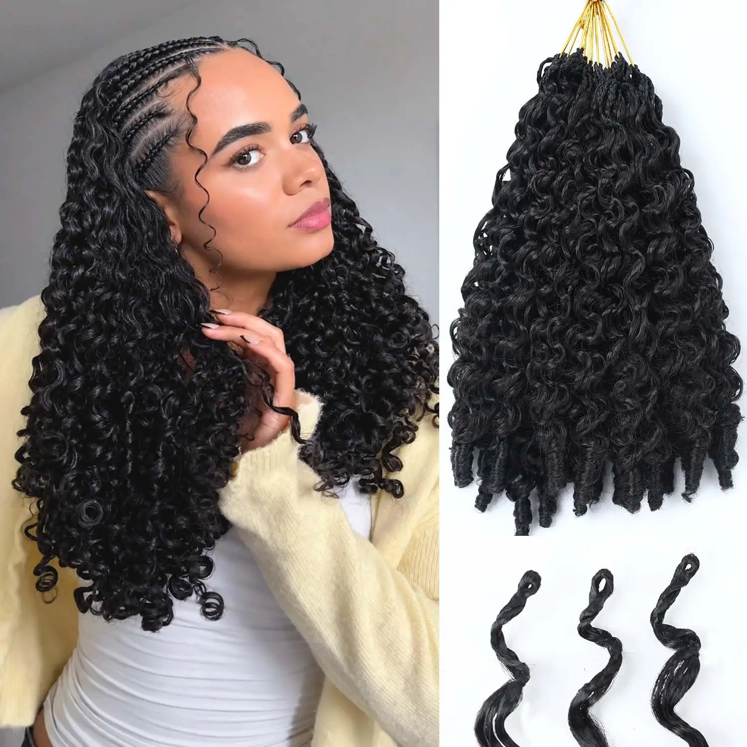

Burmese Curly Crochet Human Hair 20 Inch 120g Knotless Pre-Separated Feather Human Hair Crochet Bundles Lightweight Reusable Remy Hair Extensions for Women Natural Black Color