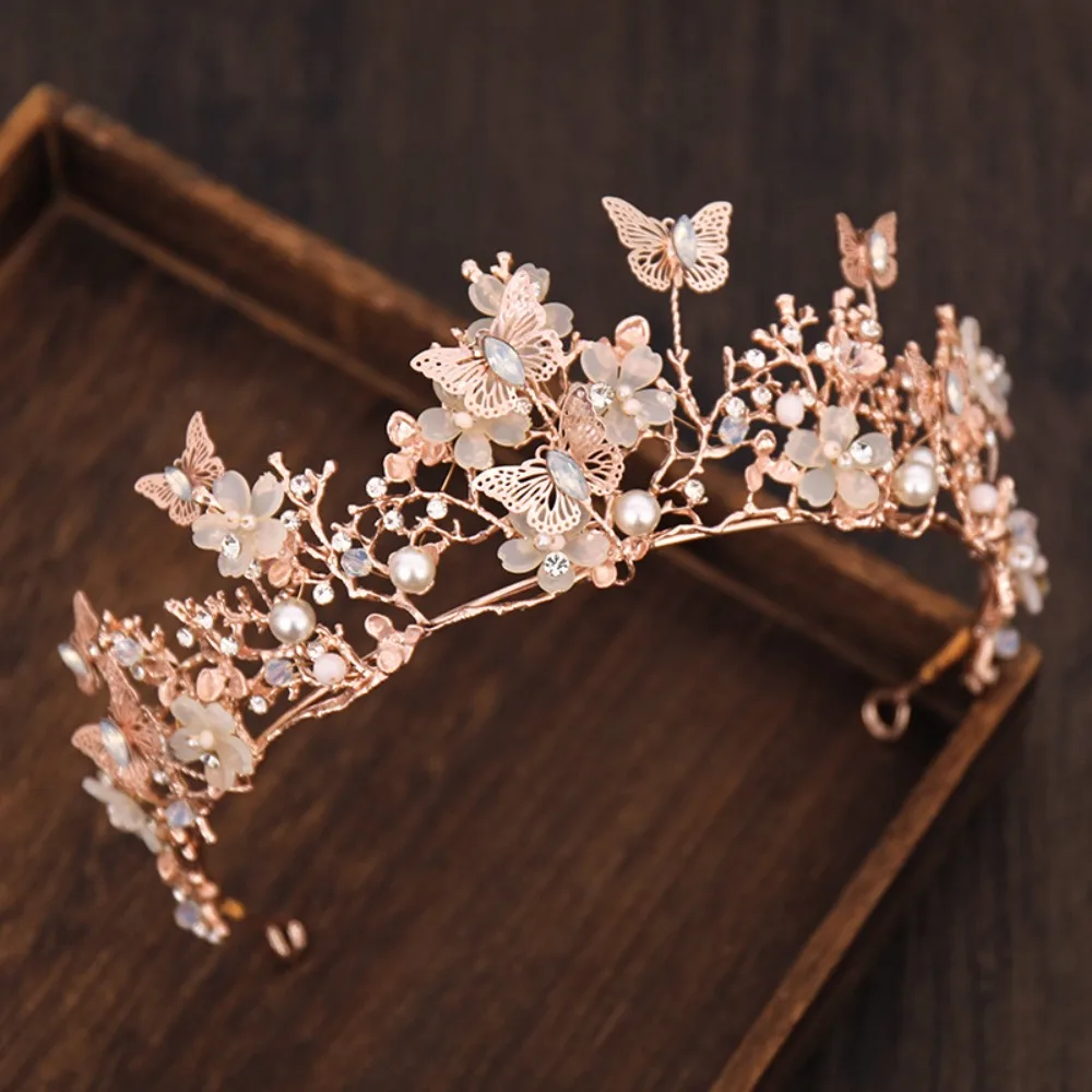 Handmade Crown Cross-border Butterfly Crystal Crown Headband Bride Wedding Headdress Veil