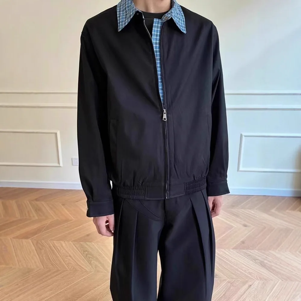 

Мужская куртка Harrington с контрастным воротником, ложный дизайн из двух предметов, повседневная куртка в клетку с подкладкой в стиле лиги плюща для мужчин, уличная одежда