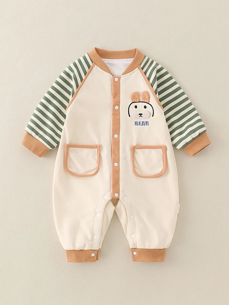 ชุดฤดูใบไม้ร่วง เสื้อแขนยาวสองชั้น กางเกงขายาวลายการ์ตูนเอวสูง ผ้าริ้ว น่ารัก สำหรับเด็กแรกเกิด  ใส่ได้หลายโอกาส