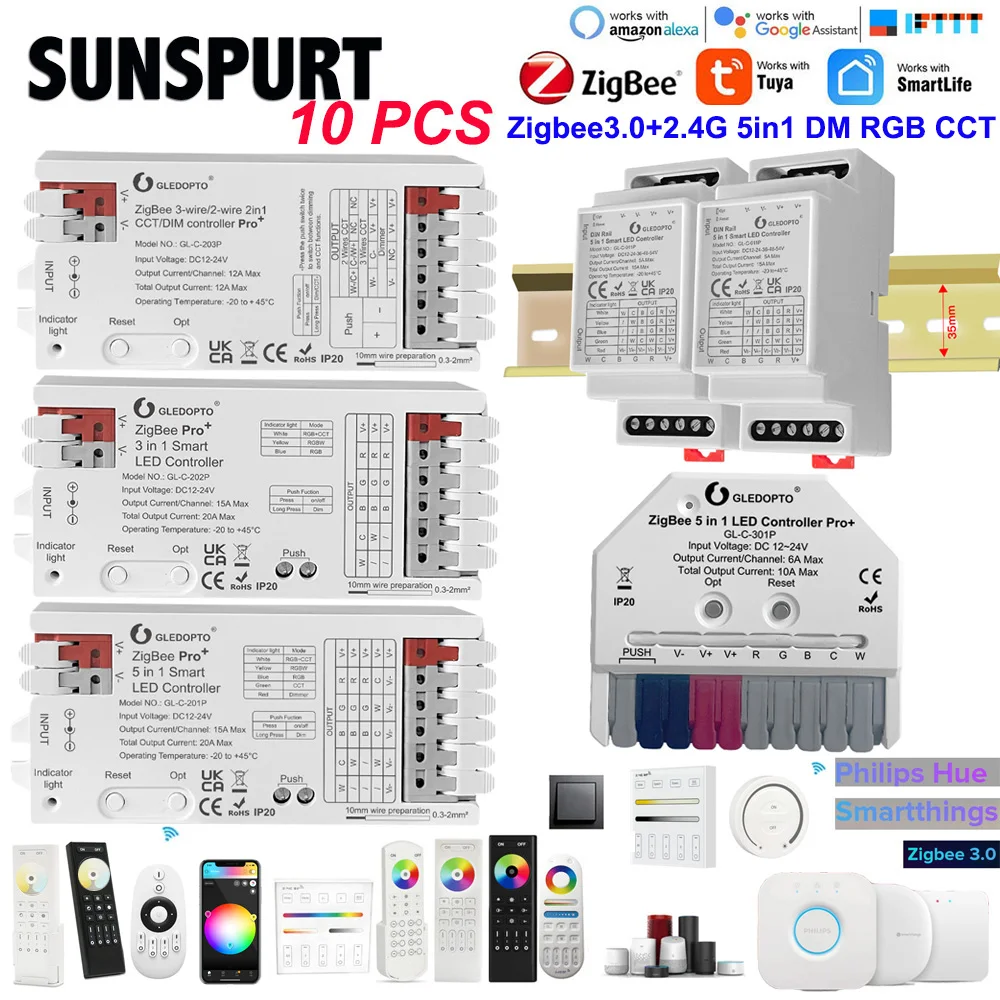 201P/202P/203P 011P/311P GLEDOPTO 12-24V 5in1 ZigBee 3.0 Pro+2.4G PUSH 20ALED Controller CCT RGBW RGBCCT Smart APP Voice Control