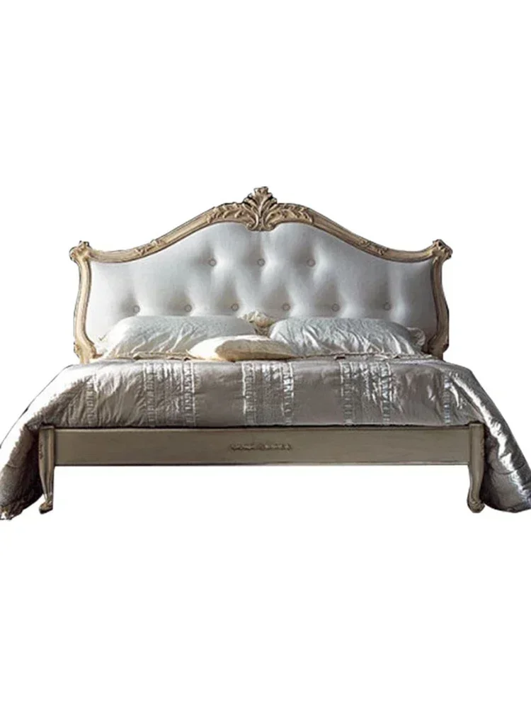 Long - lasting New European style log 1.8m double bed master bedroom wedding bed, white fabric soft bag, pull buckle, light