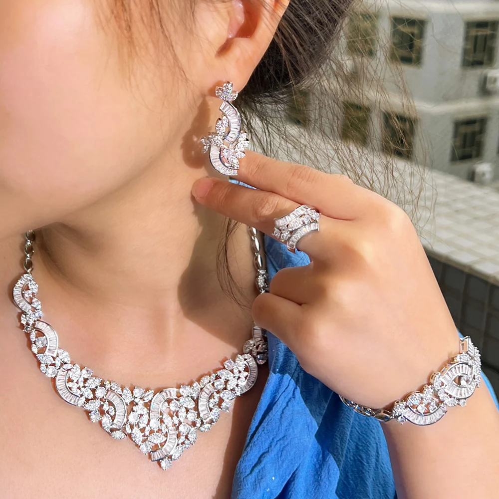ThreeGraces 4pcs Luxury Shiny Cubic Zirconia Dubai Nigerian Bridal Weddigng Prom Jewelry Set for Brides Dress Accessories TZ812