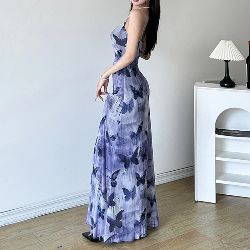 SUCHCUTE Purple Lace Butterfly Print A-Line Long Dresses Women Backless V-Neck Elegant Slim party Dresses Summer 2024 outfits