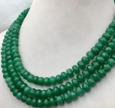 Huge 5x8mm NATURAL green jade FACETED BEADS NECKLACE 3 Row 18-20''