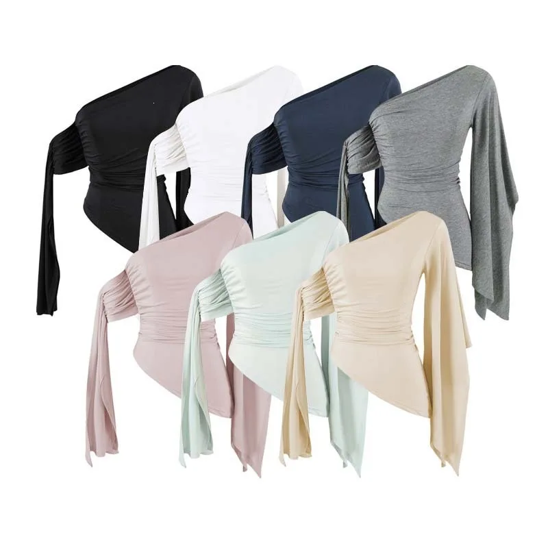 women s lyocell irregular one shoulder design shirt with flowy tie waist top seven colors optional border