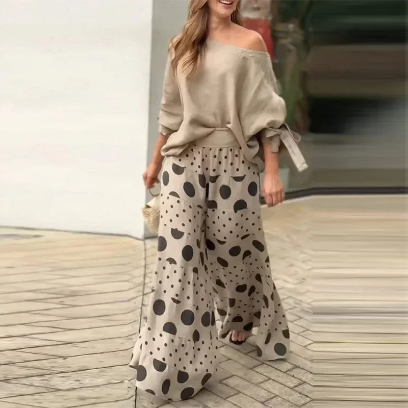 Women 2pcs Clothes Set Fashion Diagonal Collar Off-Shoulder Top Blouse & High Waist Casual Printed Pants