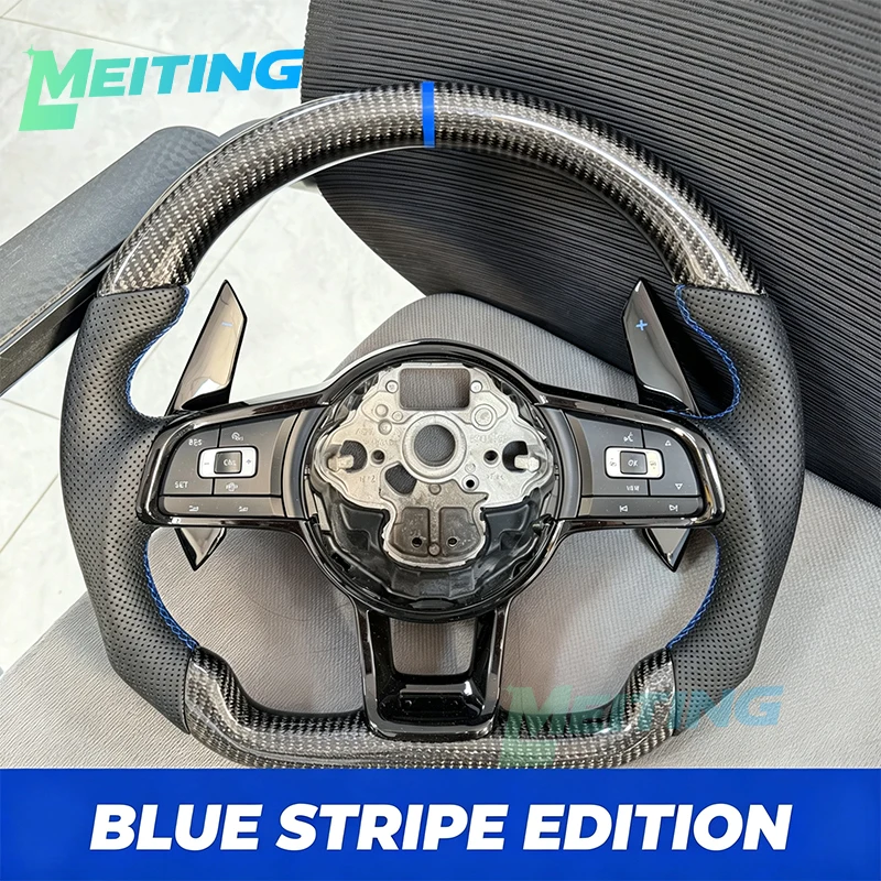 Carbon fiber steering wheel with blue return mark, multifunctional buttons and shift paddles for Golf 7 RLine GTS Tiguan model