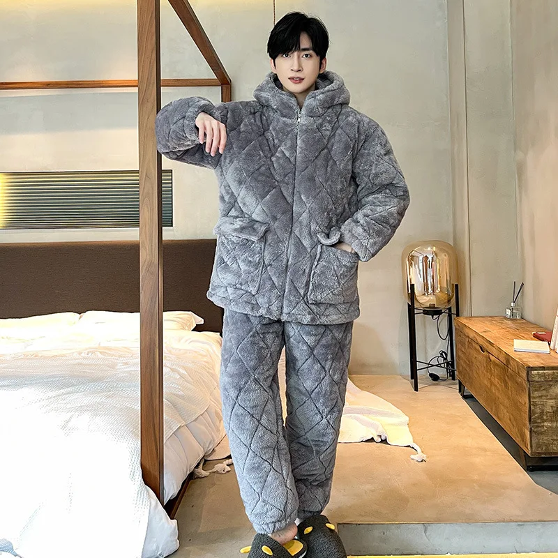 Winter New 3 Layers Hooded Coral Velvet Quilted Pajamas Set Casual Men Sleepwear Nightwear Thick Male Flannel Warm Home Wear