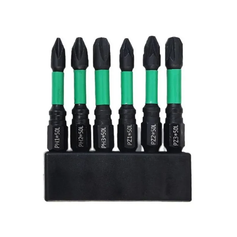 Screwdriver Bit Set 6pcs 50mm Hex Shank Screwdriver Bits Magnetic Batch Head Electric Screwdriver Green Resistant Torque
