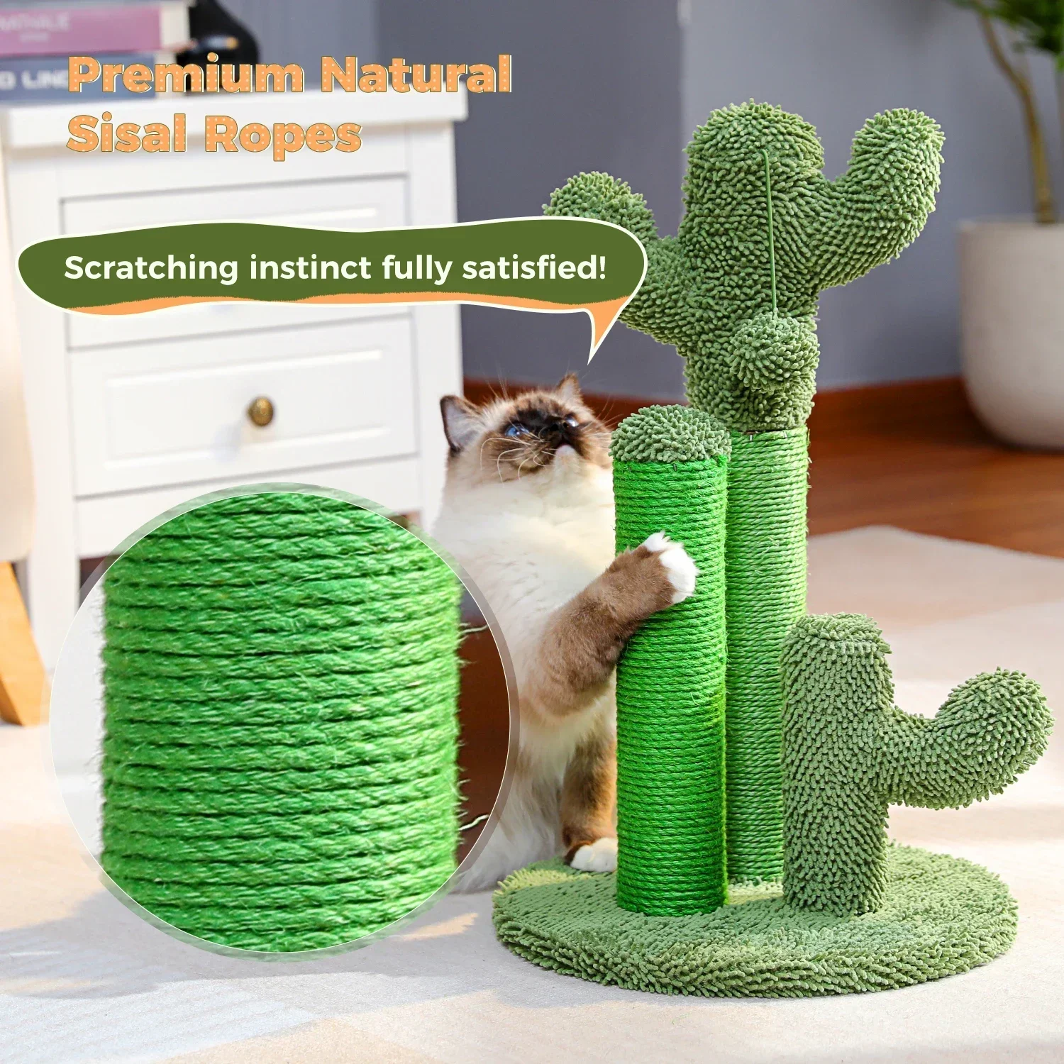 Cactus Cat Scratcher Cat Scratching Post Cactus Cat Scratcher Featuring with 3 Scratching Poles and Interactive Dangling Ball