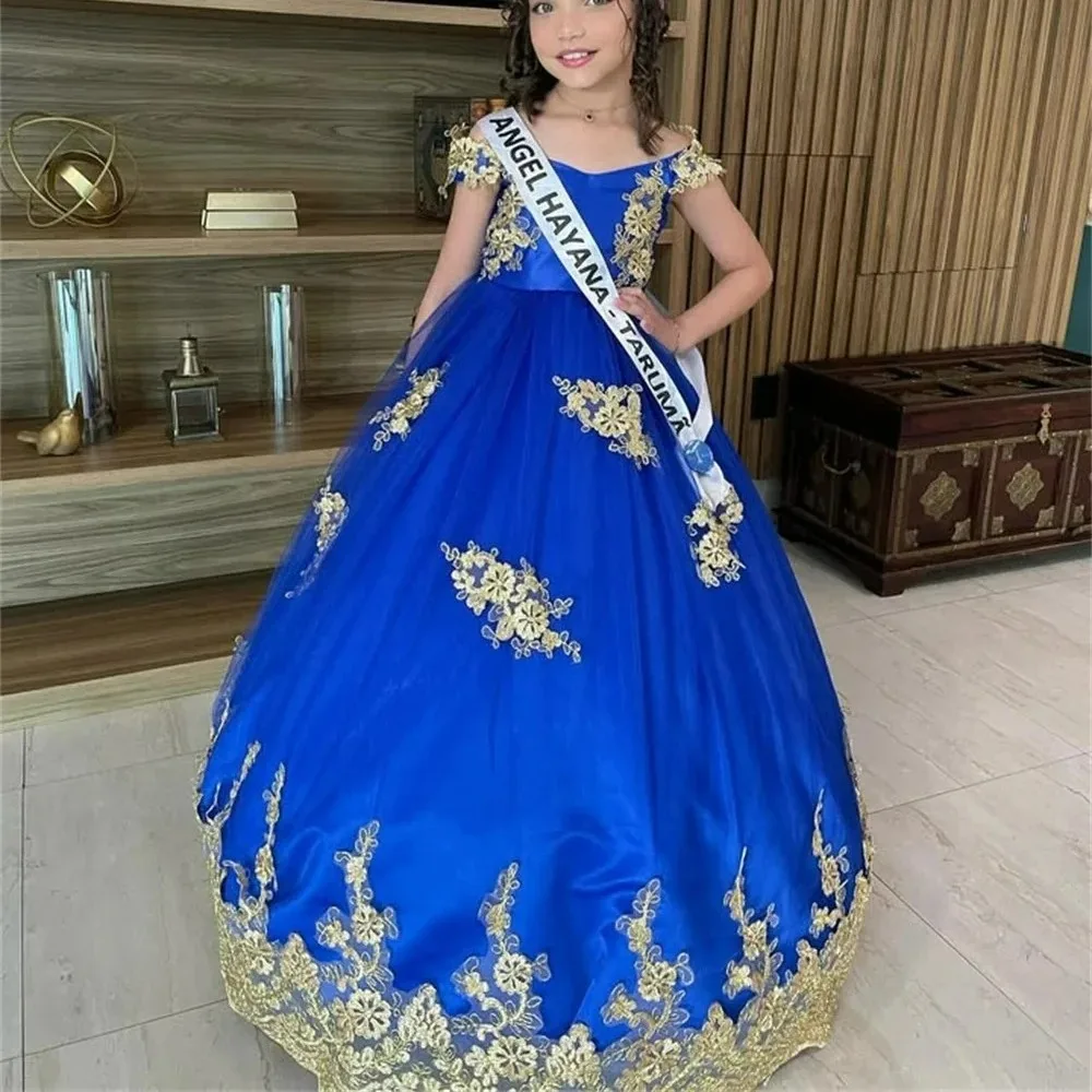 Królewska Niebieska Sukienka dla Druhny z Koronkowymi Aplikacjami, Odkryte Ramiona, Sukienki na Konkursy Piękności dla Dziewczynek, Długa Sukienka na Urodziny, Szyta na Miarę