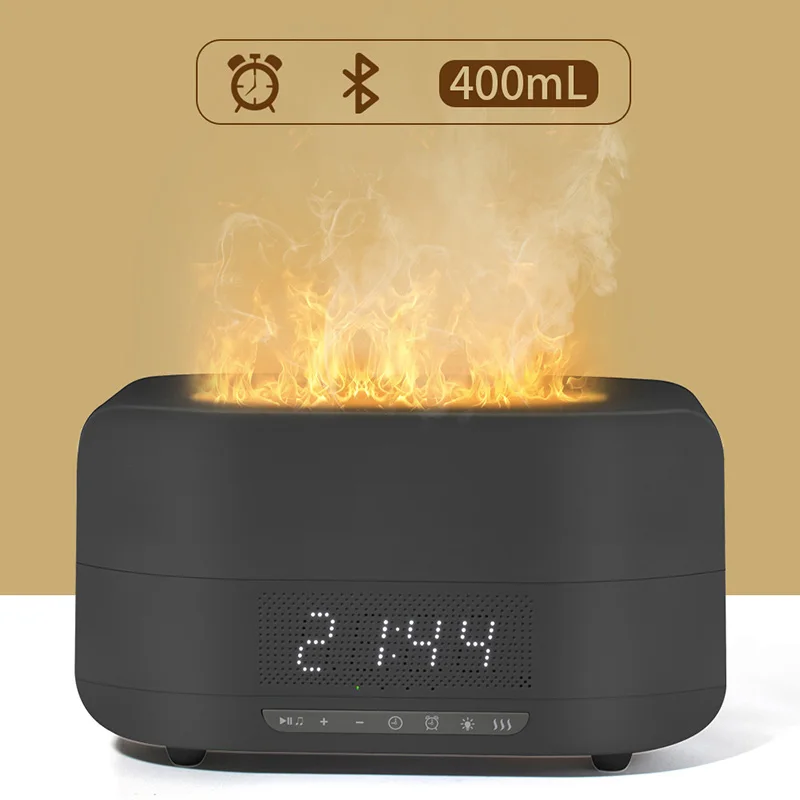 Creative wireless bluetooth speaker simulation flame aromatherapy humidifier machine digital clock home mini speaker