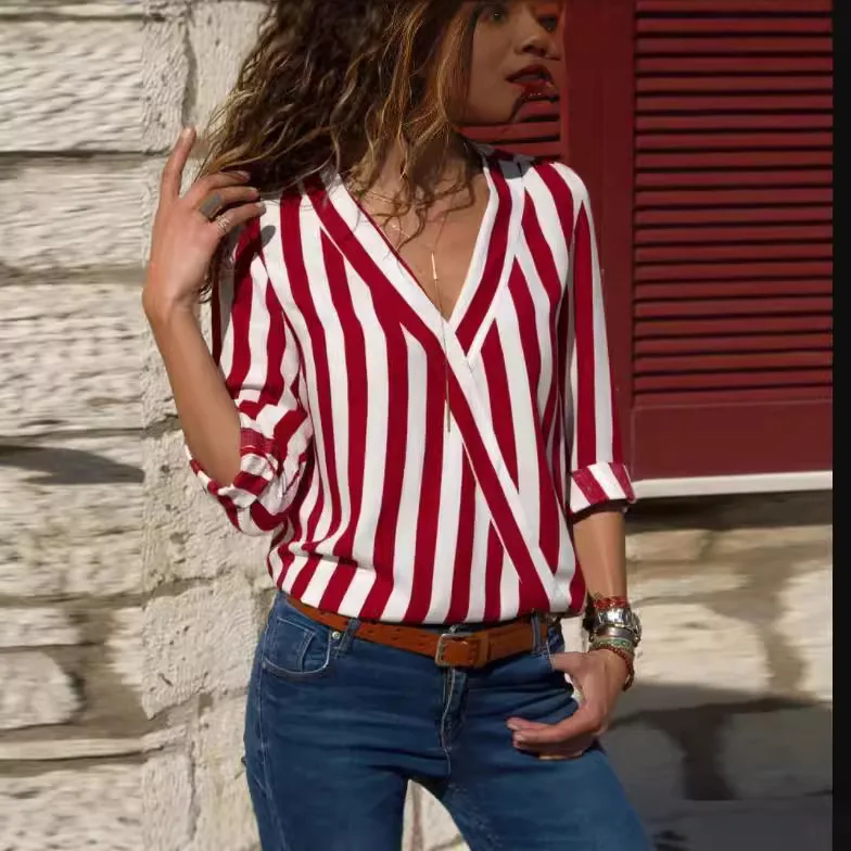 Camiseta de manga larga con cuello en V, camisa cruzada holgada a rayas, Otoño/Invierno