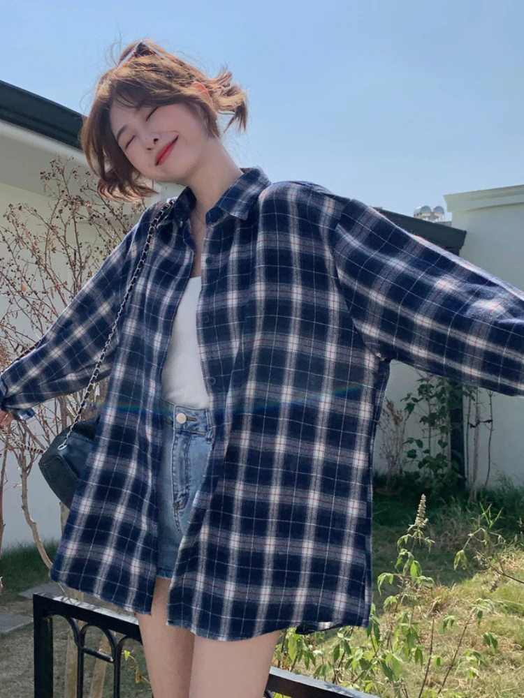 Plaid Shirts Women Vintage Y2k All-match Korean Style Fashion Simple Long Sleeve Streetwear Hotsweet Hipster Clothing Summer New