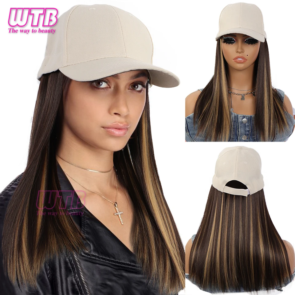 WTB-Casquette de Baseball pour Femme, Perruques Synthétiques Ultraviolets, Cheveux Longs et Raides, Perruque Ajustable, Chapeau Connecté, 1 Pièce